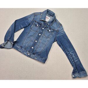 Mossimo Women's Distressed Extra Long Sleeve Button Up Blue Jean Jacket Sz S